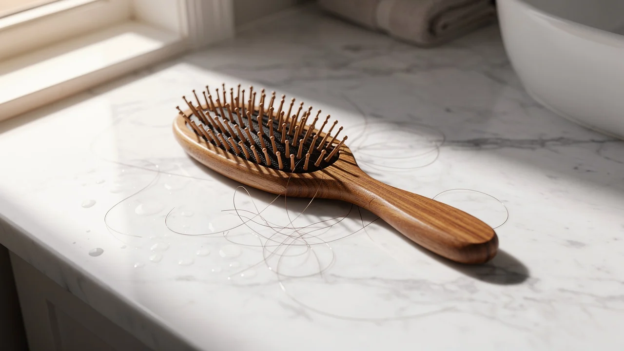 Perie de păr cu fire căzute pe masă