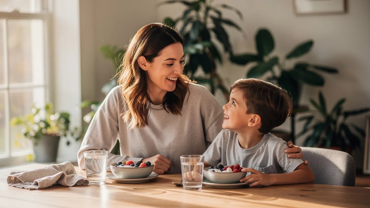 Familie sănătoasă la micul dejun cu alimente nutritive